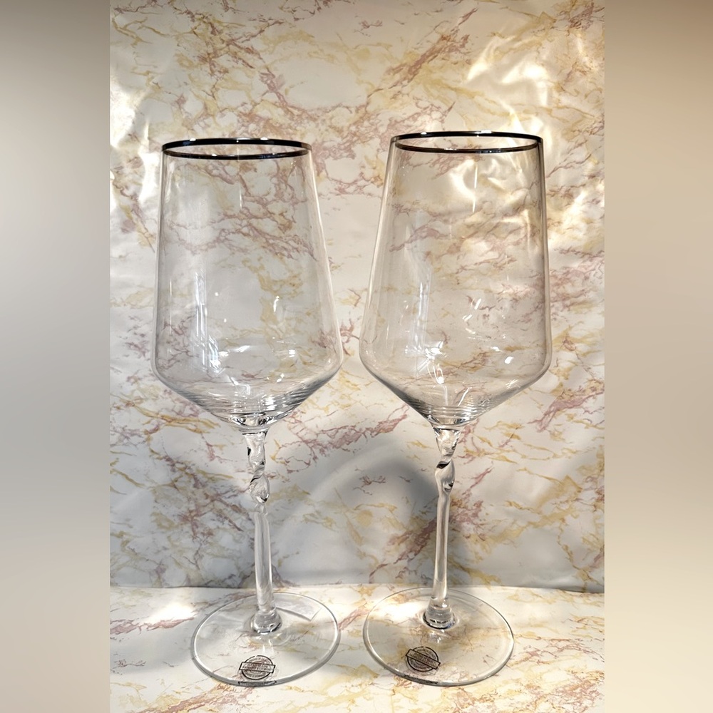 Elegant Clear Wine Glasses w/Platinum Rim Red Wine Glasses set/2 Handmade